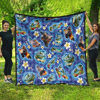 Hawaiian Island Shapes-Iconic Landscape Quilt with Plumeria and Palaka Blue Color