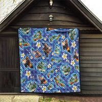 Hawaiian Island Shapes-Iconic Landscape Quilt with Plumeria and Palaka Blue Color