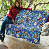 Hawaiian Island Shapes-Iconic Landscape Quilt with Plumeria and Palaka Blue Color