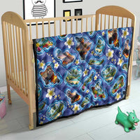 Hawaiian Island Shapes-Iconic Landscape Quilt with Plumeria and Palaka Blue Color