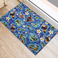 Hawaiian Island Shapes-Iconic Landscape Rubber Doormat with Plumeria and Palaka Blue Color