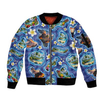 Hawaiian Island Shapes-Iconic Landscape Sleeve Zip Bomber Jacket with Plumeria and Palaka Blue Color