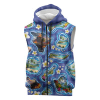 Hawaiian Island Shapes-Iconic Landscape Sleeveless Zip Hoodie with Plumeria and Palaka Blue Color LT03 Blue - Polynesian Pride