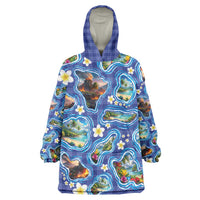 Hawaiian Island Shapes-Iconic Landscape Wearable Blanket Hoodie with Plumeria and Palaka Blue Color LT03 One Size Blue - Polynesian Pride