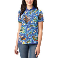 Hawaiian Island Shapes-Iconic Landscape Women Polo Shirt with Plumeria and Palaka Blue Color LT03 - Polynesian Pride