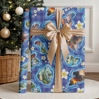 Hawaiian Island Shapes-Iconic Landscape Wrapping Paper with Plumeria and Palaka Blue Color