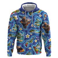 Hawaiian Island Shapes-Iconic Landscape Zip Hoodie with Plumeria and Palaka Blue Color