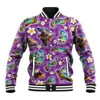 Hawaiian Island Shapes-Iconic Landscape Baseball Jacket with Plumeria and Palaka Purple Color
