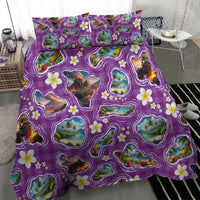 Hawaiian Island Shapes-Iconic Landscape Bedding Set with Plumeria and Palaka Purple Color