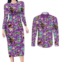Hawaiian Island Shapes-Iconic Landscape Couples Matching Long Sleeve Bodycon Dress and Long Sleeve Button Shirt with Plumeria and Palaka Purple Color LT03 Purple - Polynesian Pride