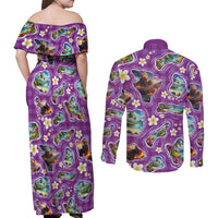 Hawaiian Island Shapes-Iconic Landscape Couples Matching Off Shoulder Maxi Dress and Long Sleeve Button Shirt with Plumeria and Palaka Purple Color LT03 - Polynesian Pride