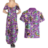 Hawaiian Island Shapes-Iconic Landscape Couples Matching Summer Maxi Dress and Hawaiian Shirt with Plumeria and Palaka Purple Color LT03 - Polynesian Pride
