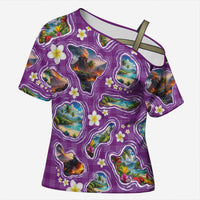 Hawaiian Island Shapes-Iconic Landscape Cross Shoulder Shirt with Plumeria and Palaka Purple Color LT03 Female Purple - Polynesian Pride