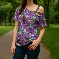 Hawaiian Island Shapes-Iconic Landscape Cross Shoulder Shirt with Plumeria and Palaka Purple Color LT03 - Polynesian Pride