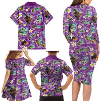 Hawaiian Island Shapes-Iconic Landscape Family Matching Long Sleeve Bodycon Dress and Hawaiian Shirt with Plumeria and Palaka Purple Color LT03 - Polynesian Pride