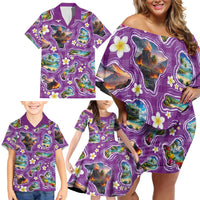Hawaiian Island Shapes-Iconic Landscape Family Matching Off Shoulder Short Dress and Hawaiian Shirt with Plumeria and Palaka Purple Color LT03 - Polynesian Pride