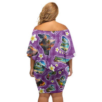Hawaiian Island Shapes-Iconic Landscape Family Matching Off Shoulder Short Dress and Hawaiian Shirt with Plumeria and Palaka Purple Color LT03 - Polynesian Pride