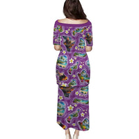 Hawaiian Island Shapes-Iconic Landscape Family Matching Puletasi and Hawaiian Shirt with Plumeria and Palaka Purple Color LT03 - Polynesian Pride