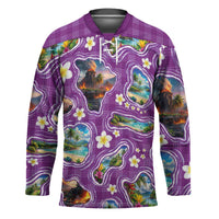 Hawaiian Island Shapes-Iconic Landscape Hockey Jersey with Plumeria and Palaka Purple Color LT03 Unisex Purple - Polynesian Pride