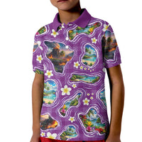 Hawaiian Island Shapes-Iconic Landscape Kid Polo Shirt with Plumeria and Palaka Purple Color LT03 Kid Purple - Polynesian Pride