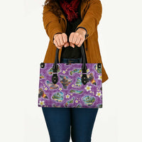 Hawaiian Island Shapes-Iconic Landscape Leather Bag with Plumeria and Palaka Purple Color