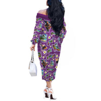 Hawaiian Island Shapes-Iconic Landscape Off The Shoulder Long Sleeve Dress with Plumeria and Palaka Purple Color LT03 - Polynesian Pride