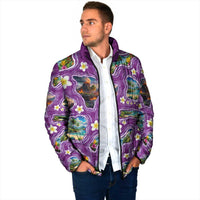 Hawaiian Island Shapes-Iconic Landscape Padded Jacket with Plumeria and Palaka Purple Color