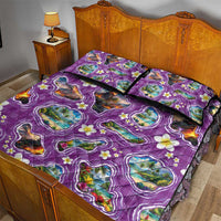 Hawaiian Island Shapes-Iconic Landscape Quilt Bed Set with Plumeria and Palaka Purple Color