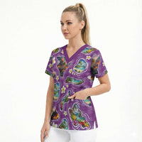 Hawaiian Island Shapes-Iconic Landscape Scrub Top with Plumeria and Palaka Purple Color