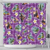 Hawaiian Island Shapes-Iconic Landscape Shower Curtain with Plumeria and Palaka Purple Color