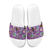 Hawaiian Island Shapes-Iconic Landscape Slide Sandals with Plumeria and Palaka Purple Color