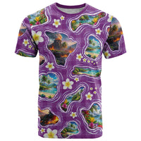 Hawaiian Island Shapes-Iconic Landscape T Shirt with Plumeria and Palaka Purple Color