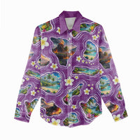 Hawaiian Island Shapes-Iconic Landscape Women Casual Shirt with Plumeria and Palaka Purple Color LT03 - Polynesian Pride