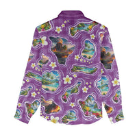 Hawaiian Island Shapes-Iconic Landscape Women Casual Shirt with Plumeria and Palaka Purple Color LT03 - Polynesian Pride