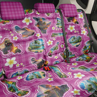 Hawaiian Island Shapes-Iconic Landscape Back Car Seat Cover with Plumeria and Palaka Pink Color