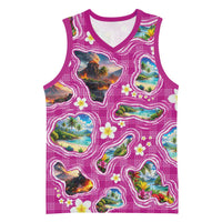 Hawaiian Island Shapes-Iconic Landscape Basketball Jersey with Plumeria and Palaka Pink Color LT03 Unisex Pink - Polynesian Pride