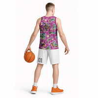 Hawaiian Island Shapes-Iconic Landscape Basketball Jersey with Plumeria and Palaka Pink Color LT03 - Polynesian Pride