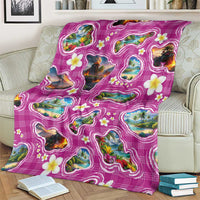 Hawaiian Island Shapes-Iconic Landscape Blanket with Plumeria and Palaka Pink Color