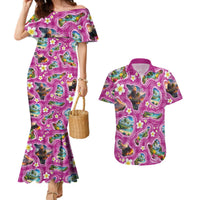 Hawaiian Island Shapes-Iconic Landscape Couples Matching Mermaid Dress and Hawaiian Shirt with Plumeria and Palaka Pink Color LT03 Pink - Polynesian Pride