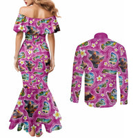 Hawaiian Island Shapes-Iconic Landscape Couples Matching Mermaid Dress and Long Sleeve Button Shirt with Plumeria and Palaka Pink Color LT03 - Polynesian Pride