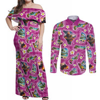 Hawaiian Island Shapes-Iconic Landscape Couples Matching Off Shoulder Maxi Dress and Long Sleeve Button Shirt with Plumeria and Palaka Pink Color LT03 Pink - Polynesian Pride