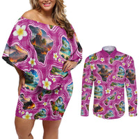 Hawaiian Island Shapes-Iconic Landscape Couples Matching Off Shoulder Short Dress and Long Sleeve Button Shirt with Plumeria and Palaka Pink Color LT03 Pink - Polynesian Pride