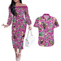 Hawaiian Island Shapes-Iconic Landscape Couples Matching Off The Shoulder Long Sleeve Dress and Hawaiian Shirt with Plumeria and Palaka Pink Color LT03 Pink - Polynesian Pride
