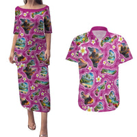Hawaiian Island Shapes-Iconic Landscape Couples Matching Puletasi and Hawaiian Shirt with Plumeria and Palaka Pink Color LT03 Pink - Polynesian Pride