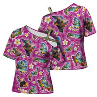 Hawaiian Island Shapes-Iconic Landscape Cross Shoulder Shirt with Plumeria and Palaka Pink Color