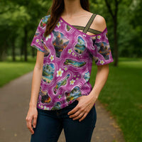 Hawaiian Island Shapes-Iconic Landscape Cross Shoulder Shirt with Plumeria and Palaka Pink Color