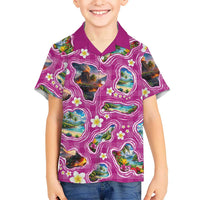 Hawaiian Island Shapes-Iconic Landscape Family Matching Short Sleeve Bodycon Dress and Hawaiian Shirt with Plumeria and Palaka Pink Color LT03 Son's Shirt Pink - Polynesian Pride