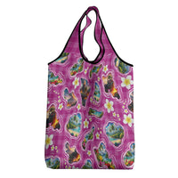 Hawaiian Island Shapes-Iconic Landscape Grocery Bag with Plumeria and Palaka Pink Color