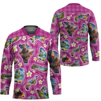 Hawaiian Island Shapes-Iconic Landscape Hockey Jersey with Plumeria and Palaka Pink Color
