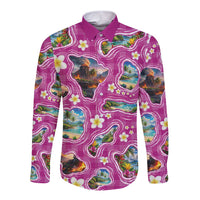 Hawaiian Island Shapes-Iconic Landscape Long Sleeve Button Shirt with Plumeria and Palaka Pink Color